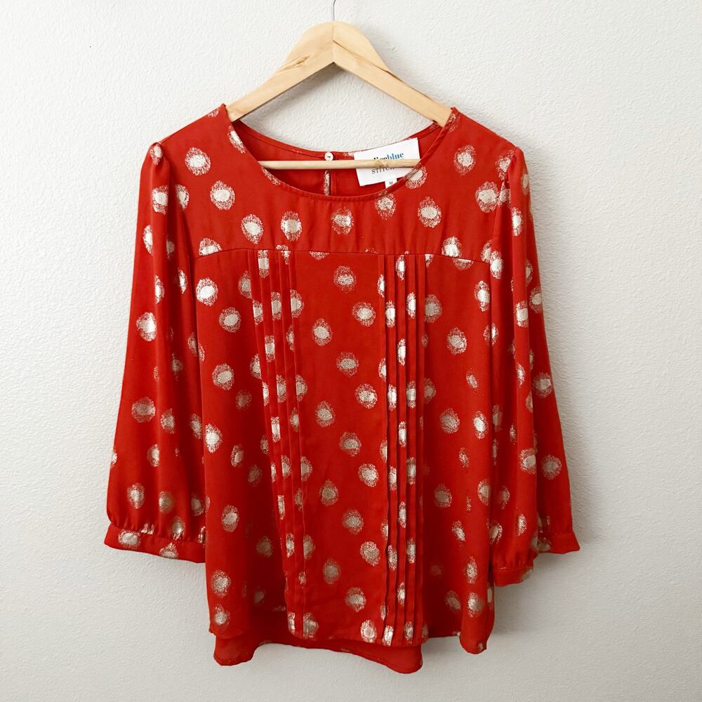 ALICE BLUE x STITCHFIX | Orange Pleated Gold Polka Dots Chiffon Blouse | Medium